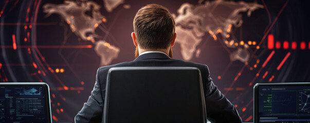  man in a suit monitors global data and cyberactivity on multiple screens in a high-tech, strategic control room with a world map display.