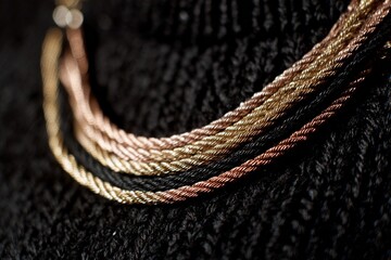 Close-up of Layered Gold and Bronze Necklace on Black Knit Fabric