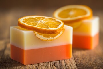 Close-Up of Two-Layered Citrus Soap with Orange Slice on Wooden Surface