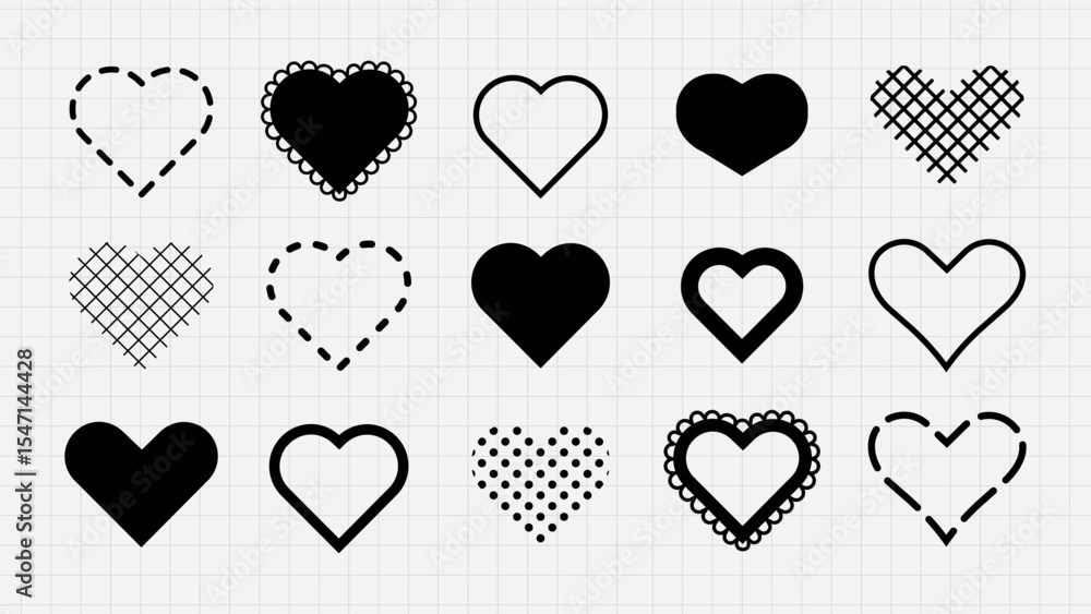Poster set of black heart icons with various patterns. heart shapes with dots, lines, and scalloped edges. 
