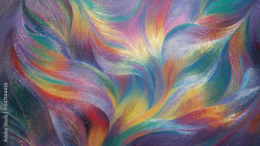 Poster a dynamic abstract painting showcasing swirling iridescent patterns in a spectrum of vibrant,