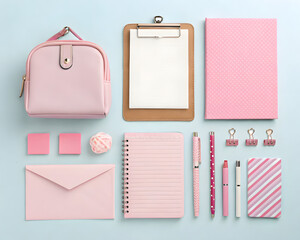 Flat lay of pink office accessories on pastel background