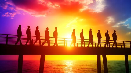 Silhouette, People, Men, Silhouetted Figures Walking on a Pier at Sunset