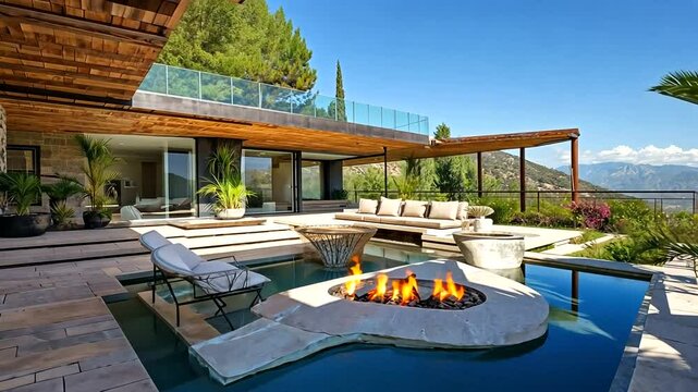 Modern luxury villa with a stunning view, outdoor seating area, and a tranquil poolside fire pit
