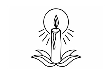 Fototapeta premium Lit Candle with Melted Wax and Leaves Line Art burning candle