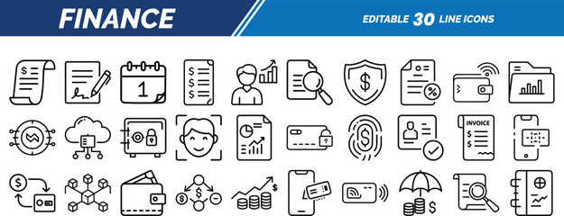 Editable finance icon collection including documents, identity verification, transactions, data, security, and digital payments in vector line art.