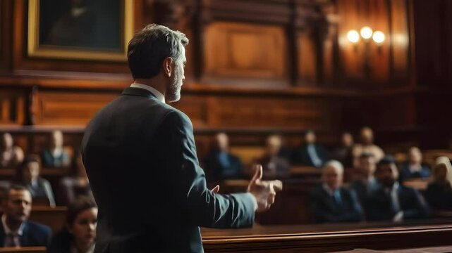 A courtroom scene with a speaker addressing an audience, likely during a trial or legal proceeding.
