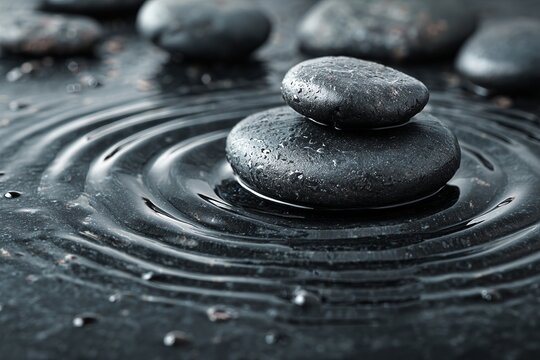 Dark Grey Pebbles With Water Drop and Ripples