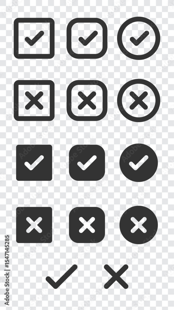 Poster set of check and cross icons in various styles. check icons and cross icons in square and circle sha