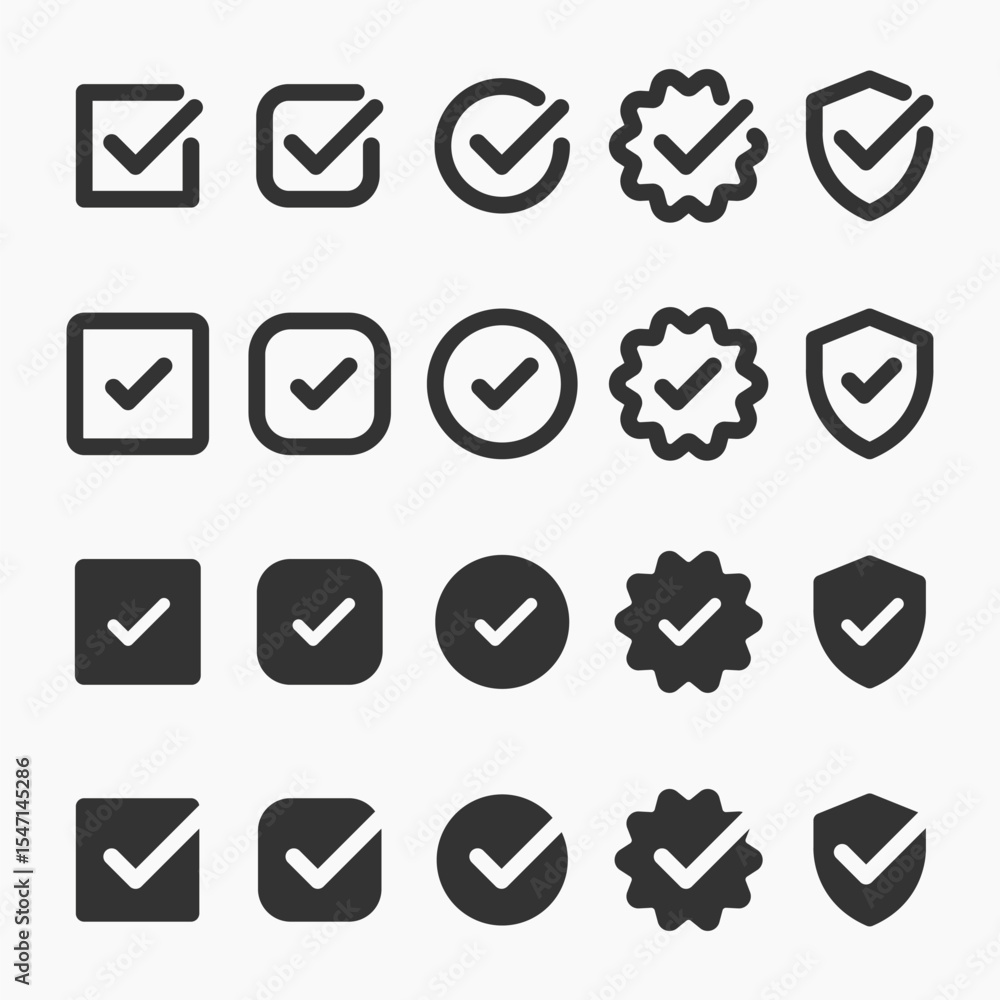 Poster collection of checkmark icons in various styles. includes checkmarks in boxes, circles, and shields.