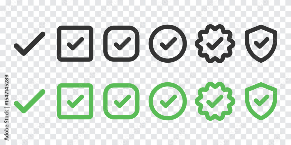 Poster set of checkmark icons in black and green. includes checkmarks in squares, circles, badges, and shie