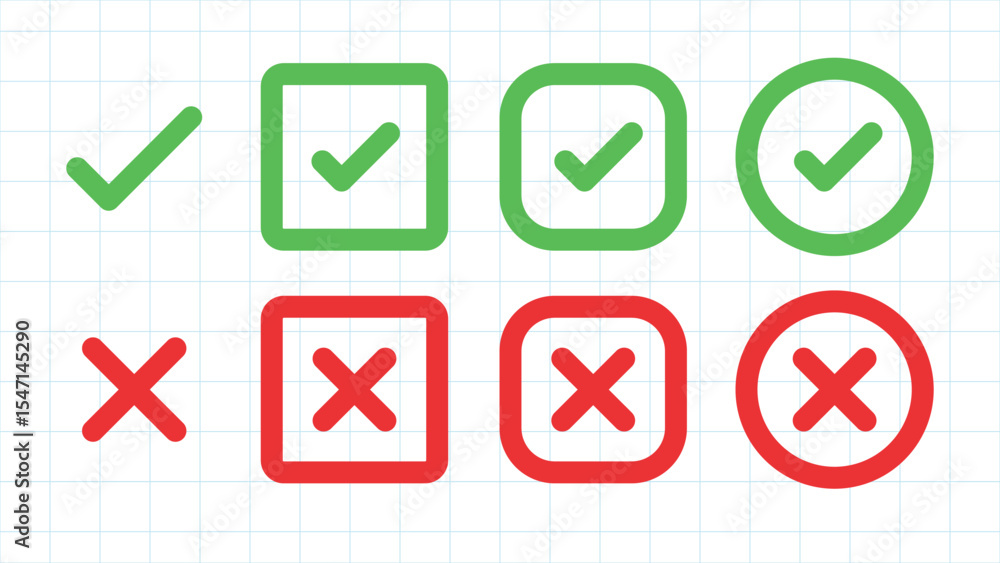 Poster green check marks and red x marks on a grid background. check marks and x marks in various shapes. s