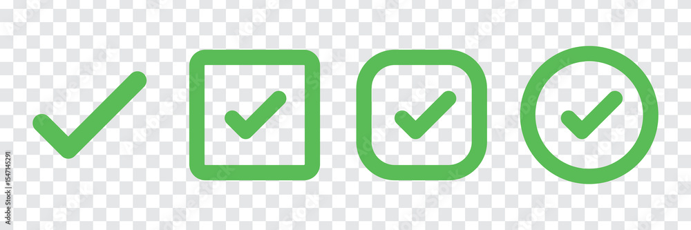 Poster green check marks in various shapes: circle, square, rounded square. check marks indicate approval, 