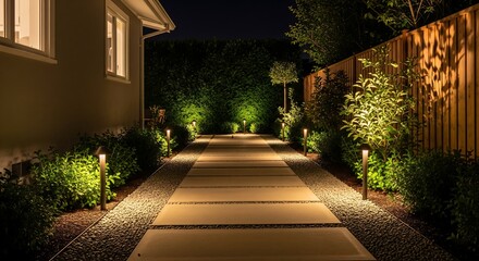 Nighttime garden path illuminated with landscape lighting. Modern design with stone path, gravel beds, bushes, fence, and house facade visible. Warm, inviting atmosphere.