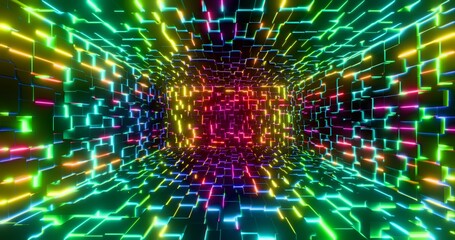 Futuristic glowing neon waving cube background. Shining geometric rainbow lines inside corridor in perspective. Bright retro digital cyberspace. 3D rendering.