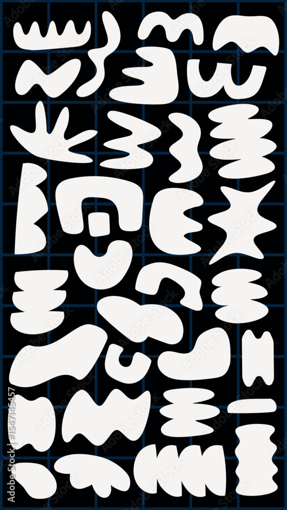 Aufkleber abstract shapes in white on a black grid. curved and wavy forms. abstract design with white shapes. 