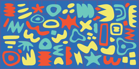 Colorful abstract shapes on a blue background. Abstract shapes in red, yellow, and teal. Vibrant abstract shapes create a playful, artistic design. Colorful vector set.