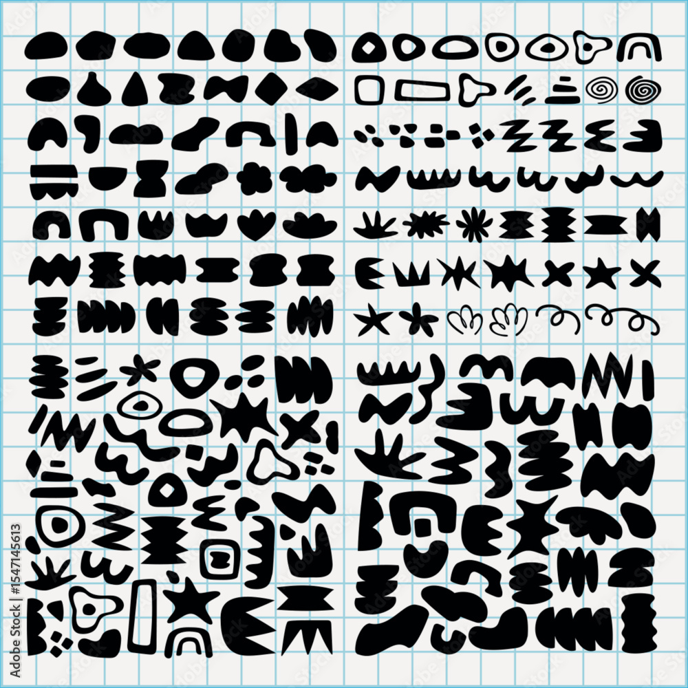 Poster abstract black shapes on grid paper. geometric, abstract, and artistic designs fill the grid. shapes