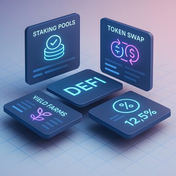3D Isometric DeFi Dashboard with Staking Pools, Token Swaps, Yield Farming, and APY Metrics. Neon Fintech Interface Illustration