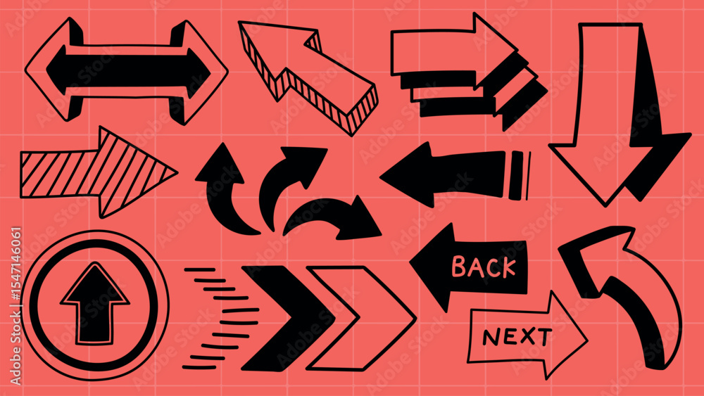 Poster collection of black arrows on a red grid background. arrows pointing in various directions. bold bla