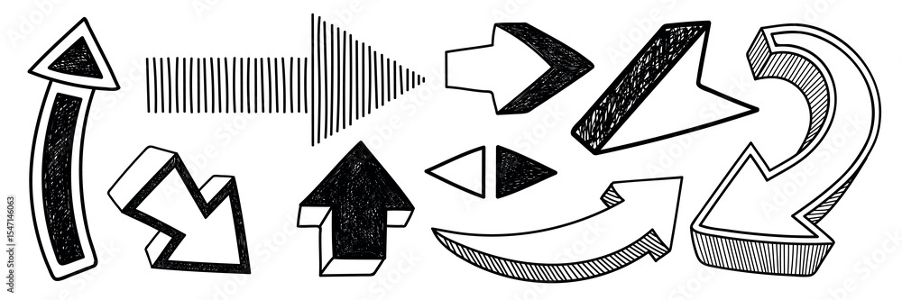 Poster a collection of black and white arrows in various styles and directions. arrows pointing up, down, l