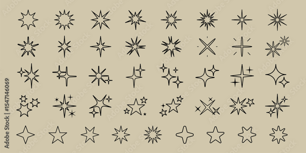 Poster collection of 36 star and sparkle icons in various styles. includes different star shapes and sparkl