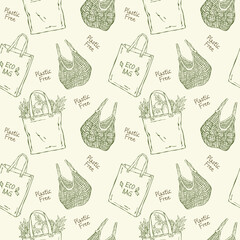 Seamless vector line pattern of reusable shopping bags and mesh nets. Hand-drawn doodle style, perfect for eco-friendly, zero waste, and sustainable lifestyle designs © Irina Khovanskaya