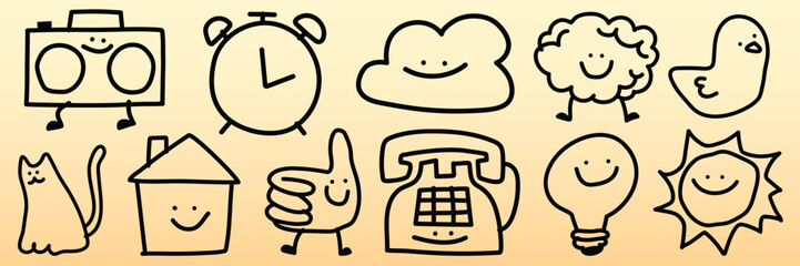 Cute doodles of a boombox, clock, cloud, sheep, duck, cat, house, thumbs up, telephone, light bulb, and sun, all with smiling faces and playful expressions. Cute doodle icons vector set.