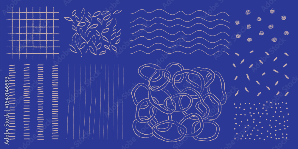 Poster abstract patterns on a blue background. patterns include lines, leaves, waves, and dots. repeated ab