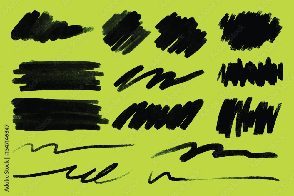 Poster abstract black brush strokes on a bright green background. various brush strokes create a dynamic, a