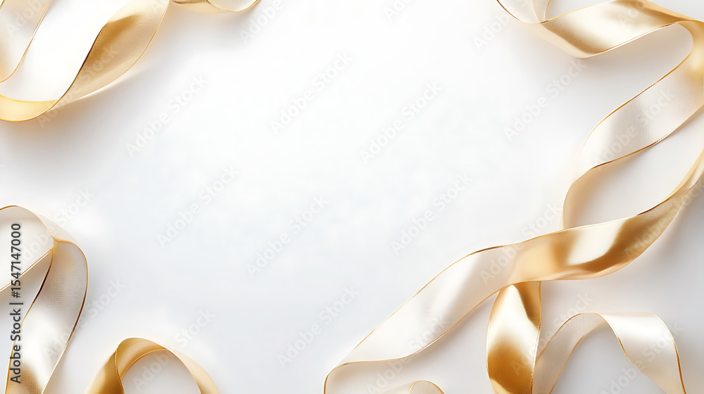 Poster elegant golden silk ribbon on white background creating a frame with empty space