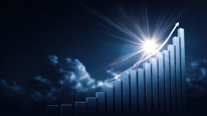 Sustainable finance ESG investment. A rising bar graph with a bright sunburst in the background symbolizes growth and success.