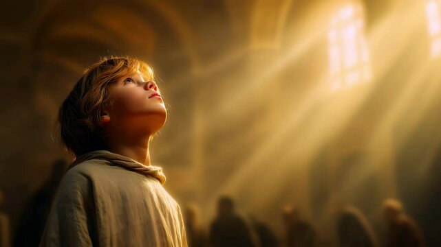 Samuel gazes upward as he hears gods voice in a dimly lit, ethereal space, illuminated by soft beams of light, evoking a sense of wonder and spirituality. From the book of Samuel.