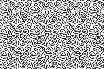 vector seamless pattern Memphis geometric. Monochrome abstract background in retro 80s, 90s style with various shapes: circles, semicircles, dots, zigzags, spirals, wavy lines. Cute doodle design