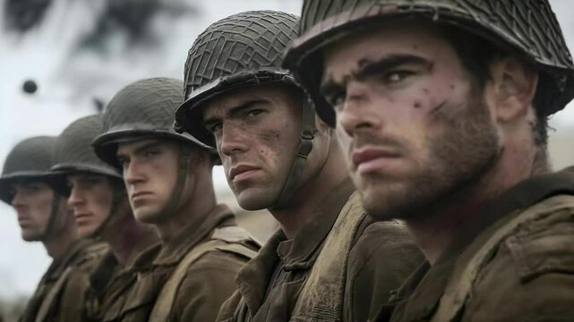 A group of soldiers in military gear, displaying determination and dirt, likely in a wartime setting.