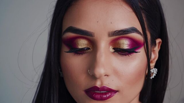 Close up of Indian woman face portrait with vibrant makeup featuring rich colors and intricate eye designs. The result captures elegance and creativity in beauty fashion