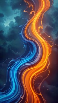 Fluid swirls of blue and orange hues against a dramatic cloudy background