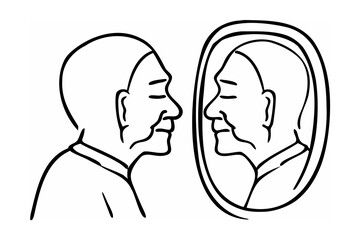Elderly Man Looking at His Reflection in Oval Mirror Black and White Line Art