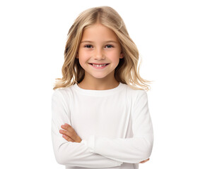 Portrait of a smiling young blonde girl standing with her arms crossed on a transparent background