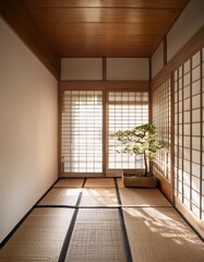 Japanese interior with tatami and soft sunlight, peaceful mood&rdquo; 