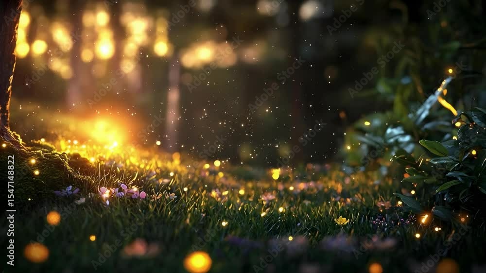 Poster a tranquil forest scene with soft sunlight filtering through trees, illuminating flowers and floatin