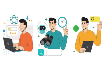 Flat Design Illustration of People Using Technology and AI for Research and Learning. Modern flat vector illustration showing people using digital devices like laptops, tablets, and binoculars. 