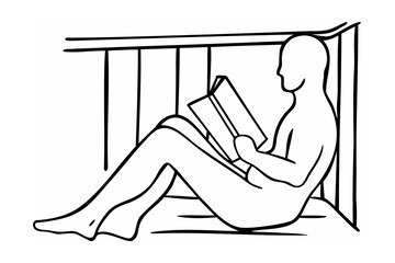 Figure Reading Book in Corner Black Line Art black and white