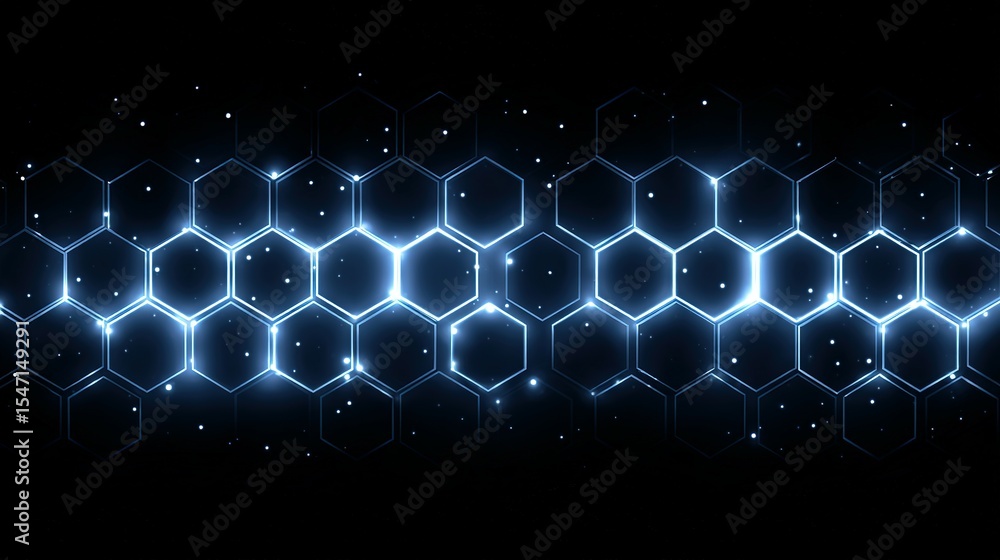 Poster abstract design with glowing hexagons on a dark background.
