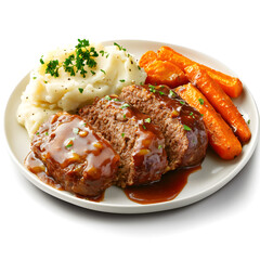 Glazed meatloaf with roasted carrots and mashed potatoes, plated and isolated on white background.