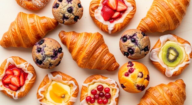 Aerial view of croissants, muffins, and fruit pastries on a light surface arranged together nicely