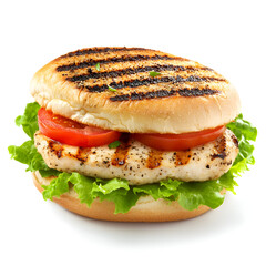 Grilled chicken sandwich with fresh lettuce and tomato, isolated on white background.