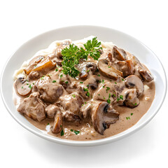Hearty beef stroganoff with mushrooms in creamy sauce, served on a white background.
