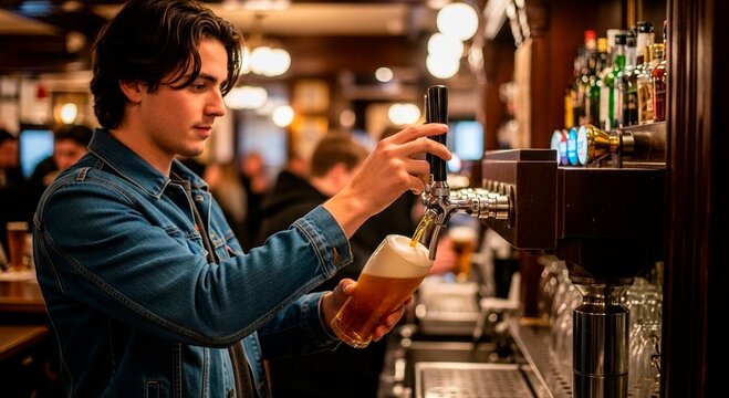 Young man in denim jacket pouring beer from tap at bar with bottles and glasses visible behind him