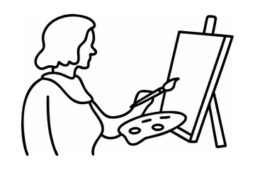 Woman Painting at Easel Black and White Line Art artist